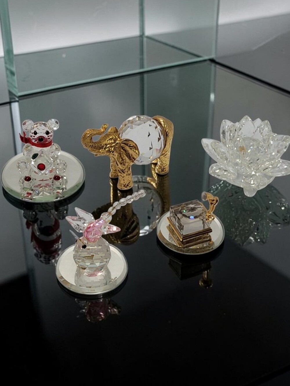 (Lot Of 5) Mini Crystal/Gold-Plated Figurines Elephant/Teddy Bear/Lotus Flower/D